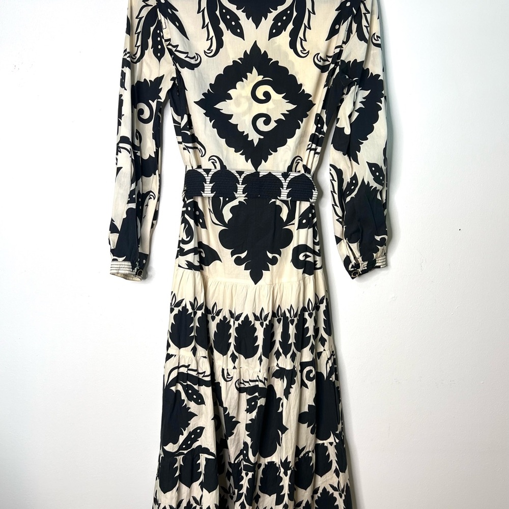 Zara Printed Maxi Dress Long Balloon Sleeves Black Cream Trending SZ XS EUC - Picture 10 of 13